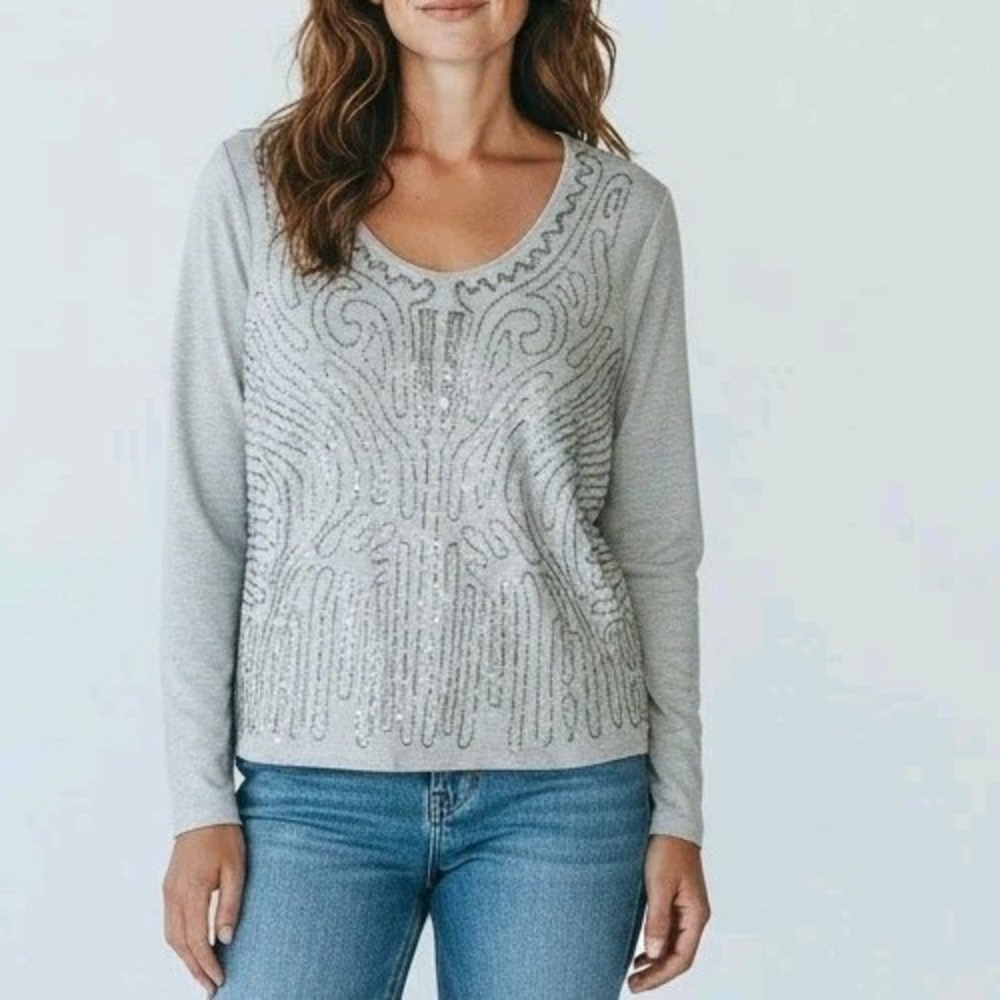 Soft Surroundings Metallic Beaded Knit Sweater top Gray Floral Size Medium